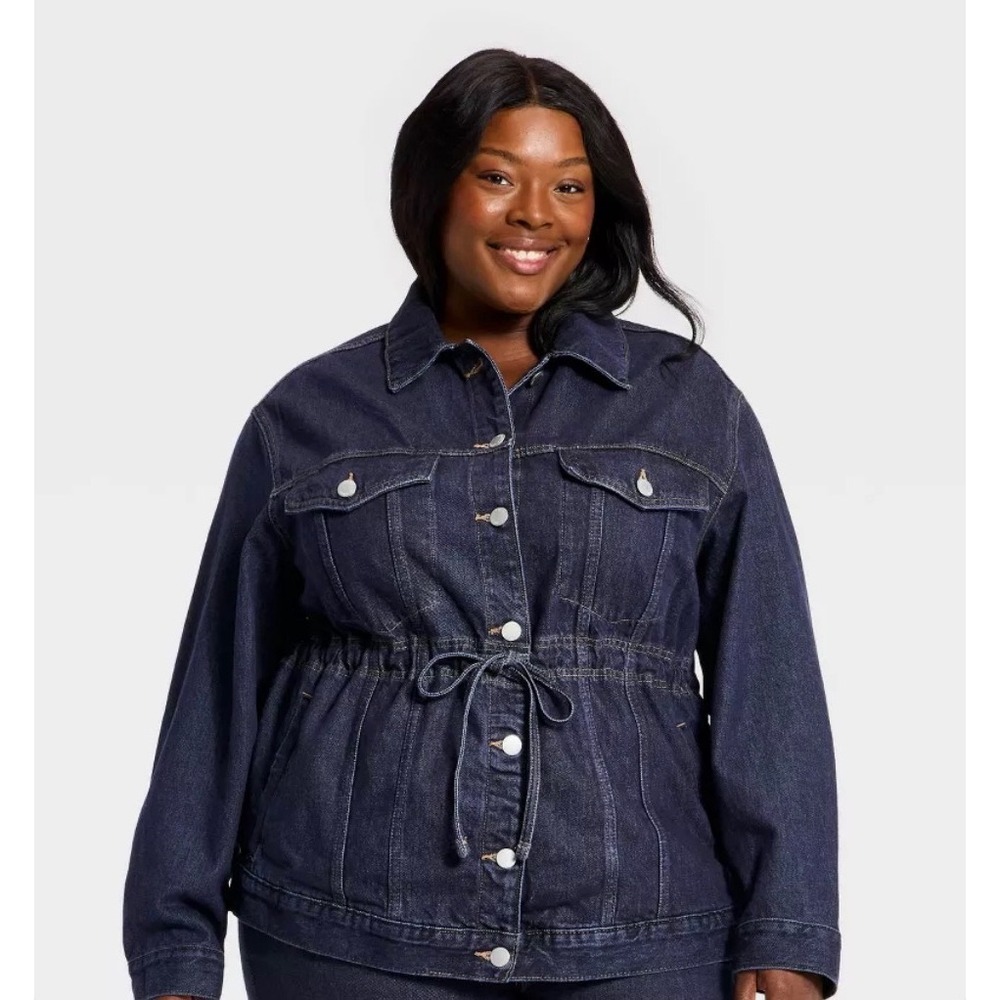 NEW Universal Thread Denim Jacket Women XL Dark Wash Drawstring Waist Button Up
